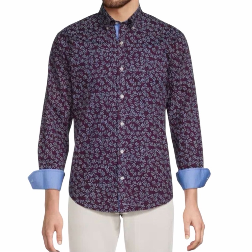 New Tailorbyrd Ditzy Print L/S Shirt Blue Maroon MEDIUM